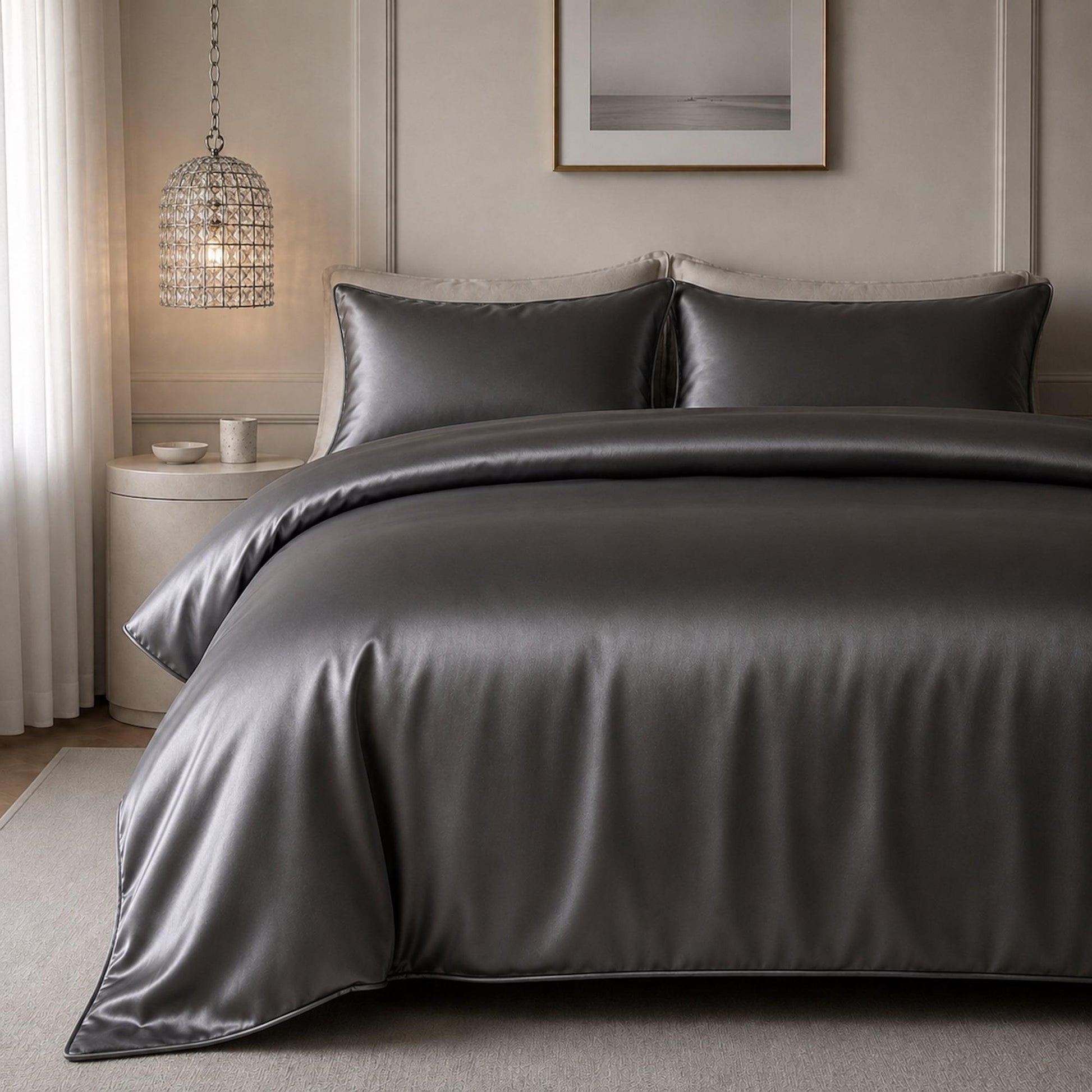 Charcoal grey satin quilt cover with smooth sheen and matching pillowcases