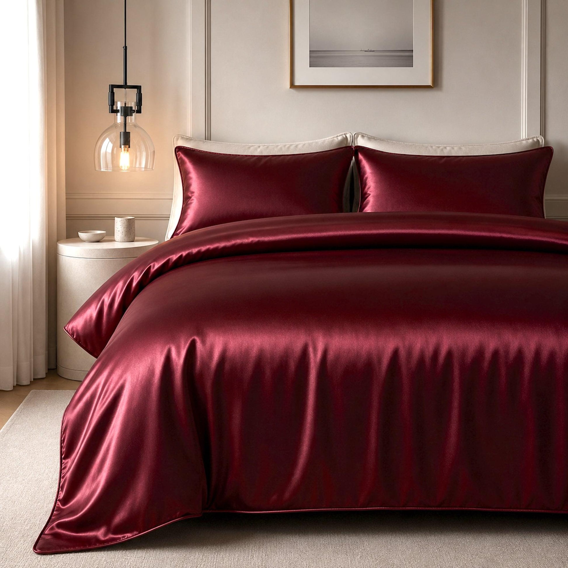 Wine red satin quilt cover with two matching pillow shams, smooth sheen finish