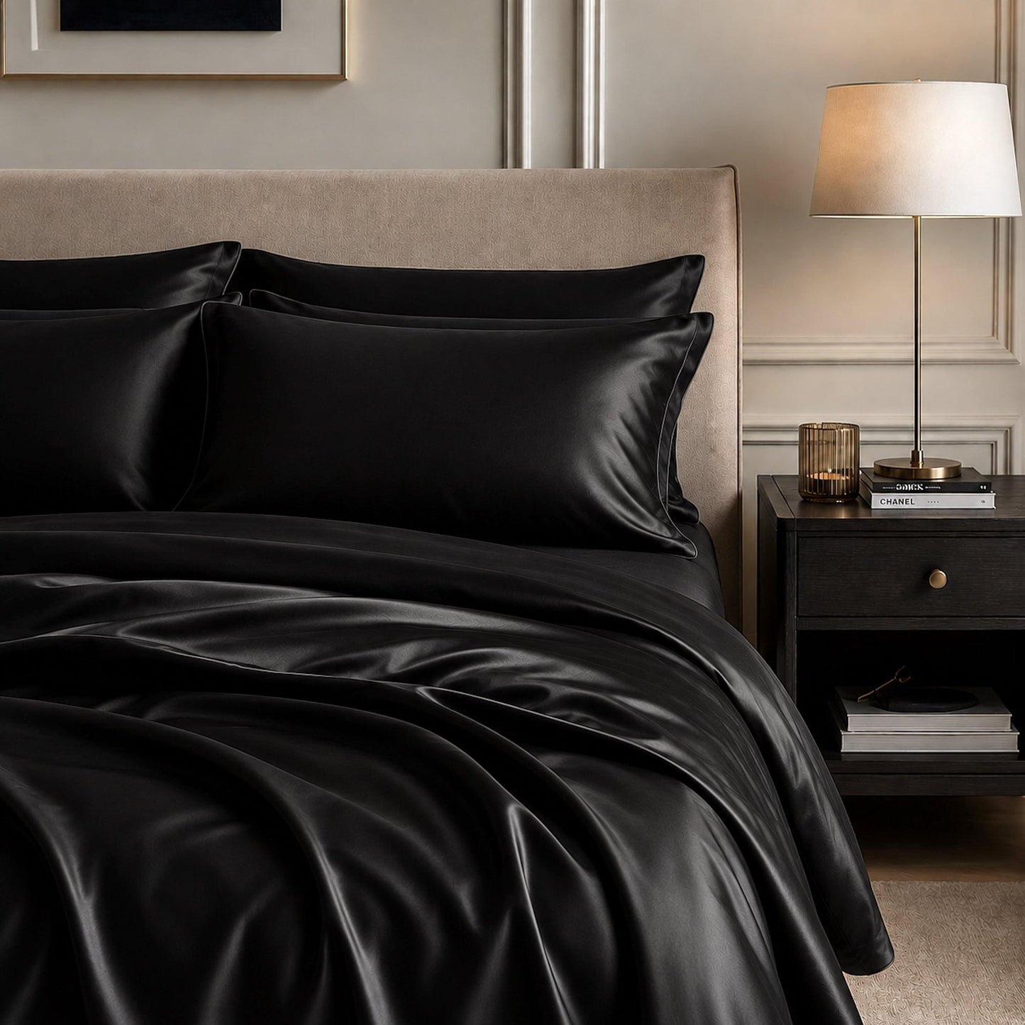 Black satin sheet set with smooth pillowcase and wrinkle-free bedding