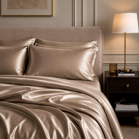 Champagne satin sheet set with pillowcases and smooth, glossy bedding on a bed