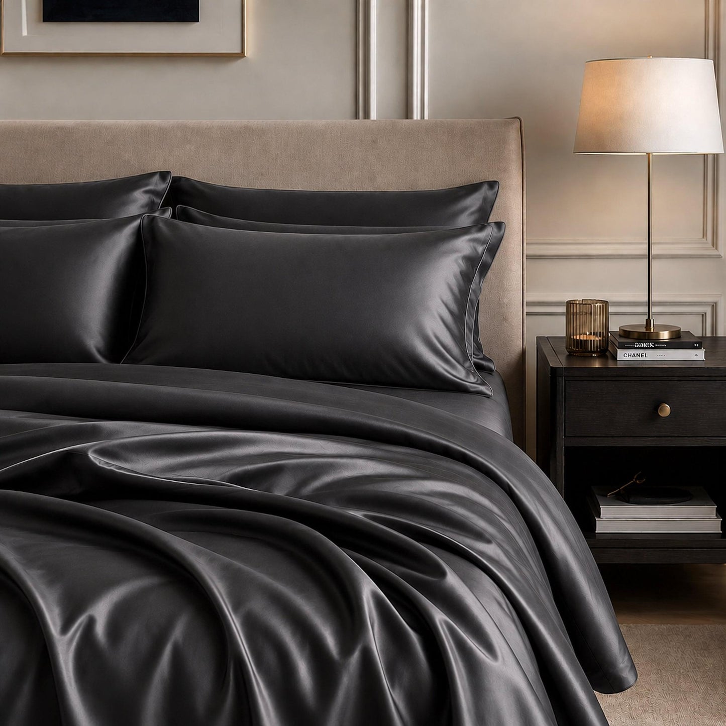 Charcoal grey satin sheet set with matching pillowcase, smooth lustrous finish