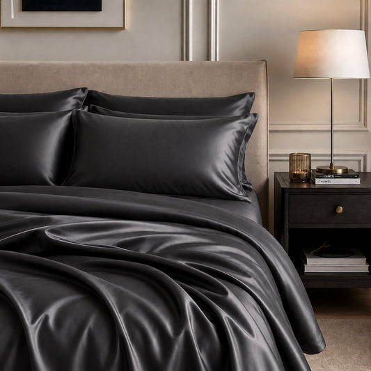 Charcoal grey satin sheet set with matching pillowcase, smooth lustrous finish