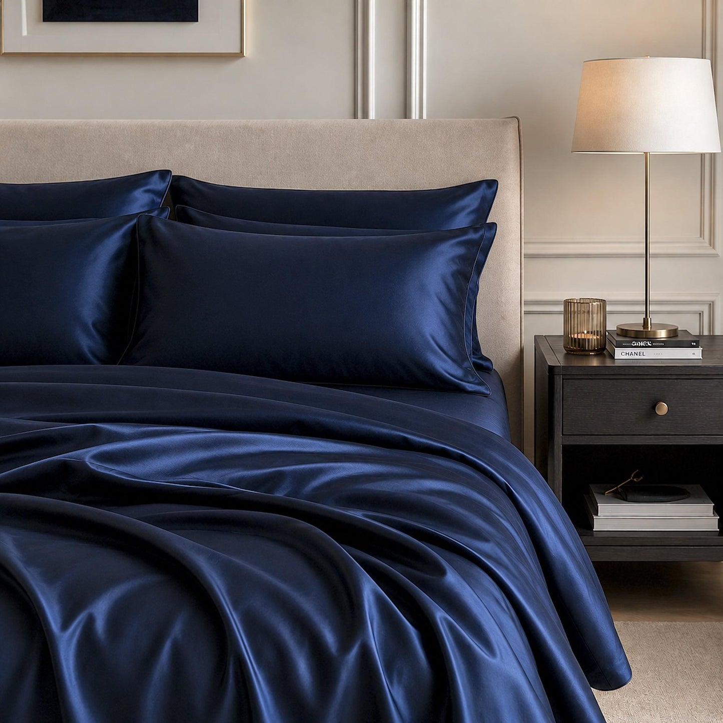 Navy blue satin sheet set with pillow shams and smooth fitted sheet, neatly draped