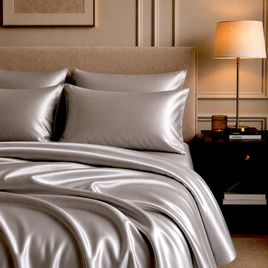 Silver satin sheet set with matching pillowcases