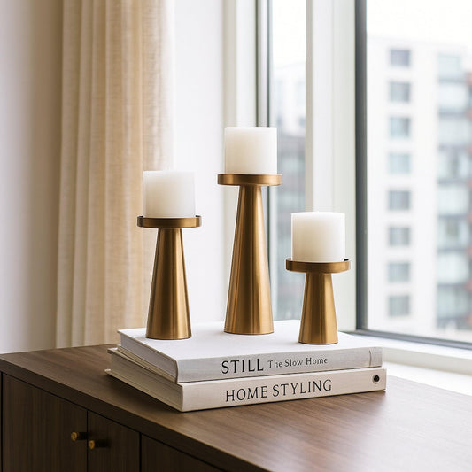 Three brushed brass candle holders holding white pillar candles, varying heights
