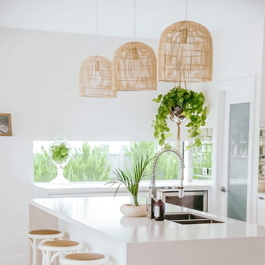 Natural rattan cane pendant light with rounded dome cage shade and hanging cord