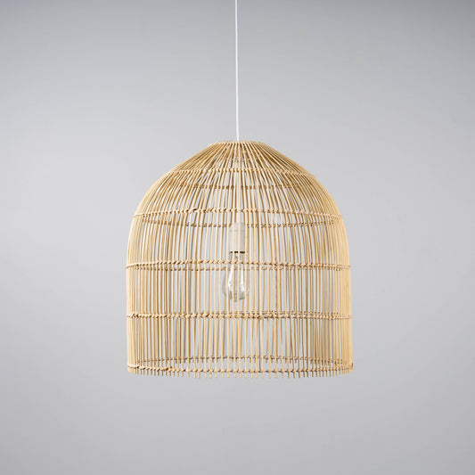 Natural rattan cane dome pendant light with open lattice shade and hanging cord