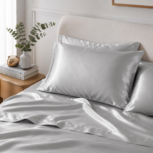 Silver satin pillowcase with envelope closure, styled on a pillow