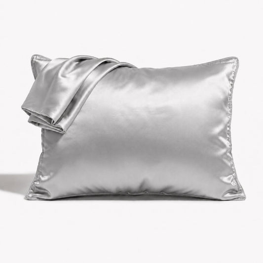 Silver satin pillowcase set, envelope-closure pillow and folded matching case