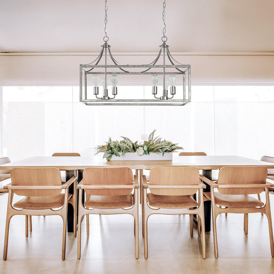 Brushed chrome rectangular glass lantern pendant light with four candle bulbs