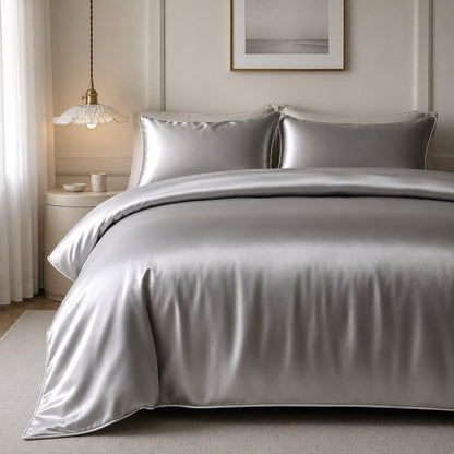 Silver satin quilt cover with two matching pillow shams on a bed