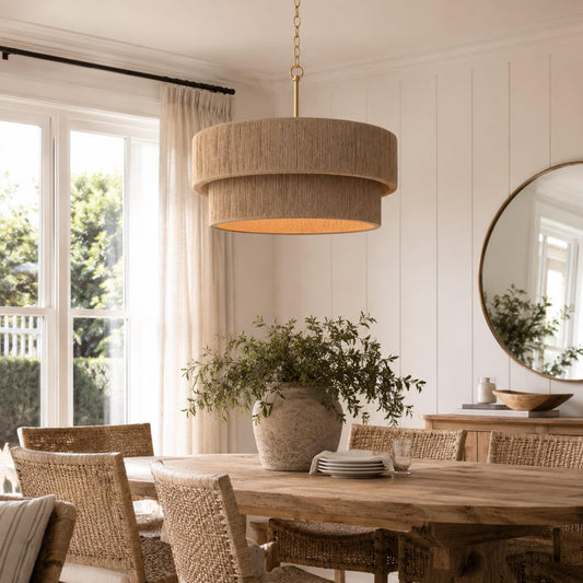 Double-tier rope chandelier with gold chain and natural fabric drum shades