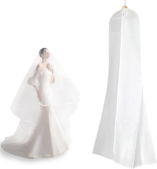 White dustproof garment cover bag with zipper, hanger opening for wedding dresses
