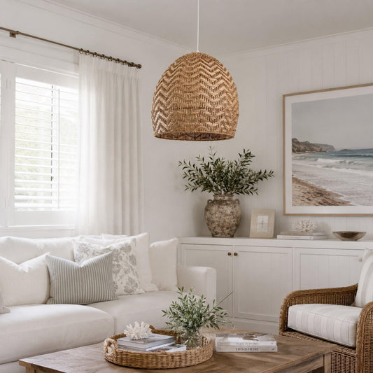Rattan cane pendant light with dome shade in natural woven pattern