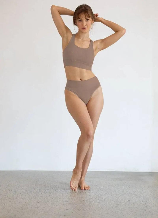 Chestnut high-rise lingerie briefs worn with matching bra