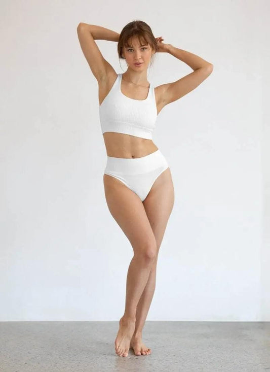 White women's ribbed bralette with wide scoop neckline and racerback straps