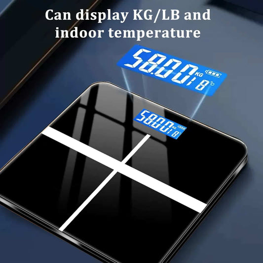 Electronic bathroom scale with blue LCD showing weight and temperature