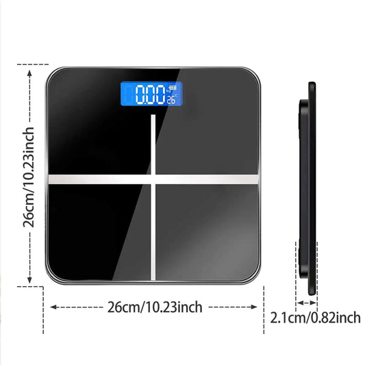 Digital bathroom scale showing dimensions and side profile