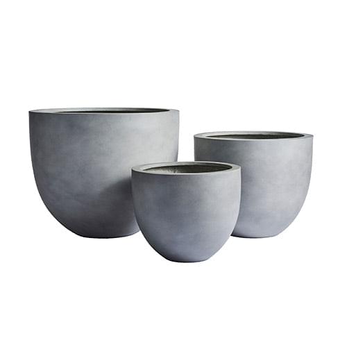 Concrete grey planter tub set of three, rounded bowls with matte finish