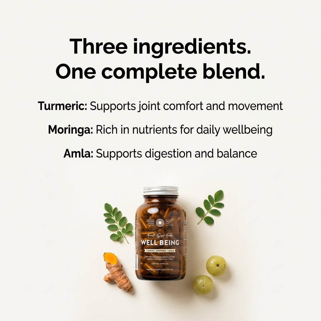 Turmeric+ Whole Food Blend bottle with moringa leaves and amla fruit on a flat surface