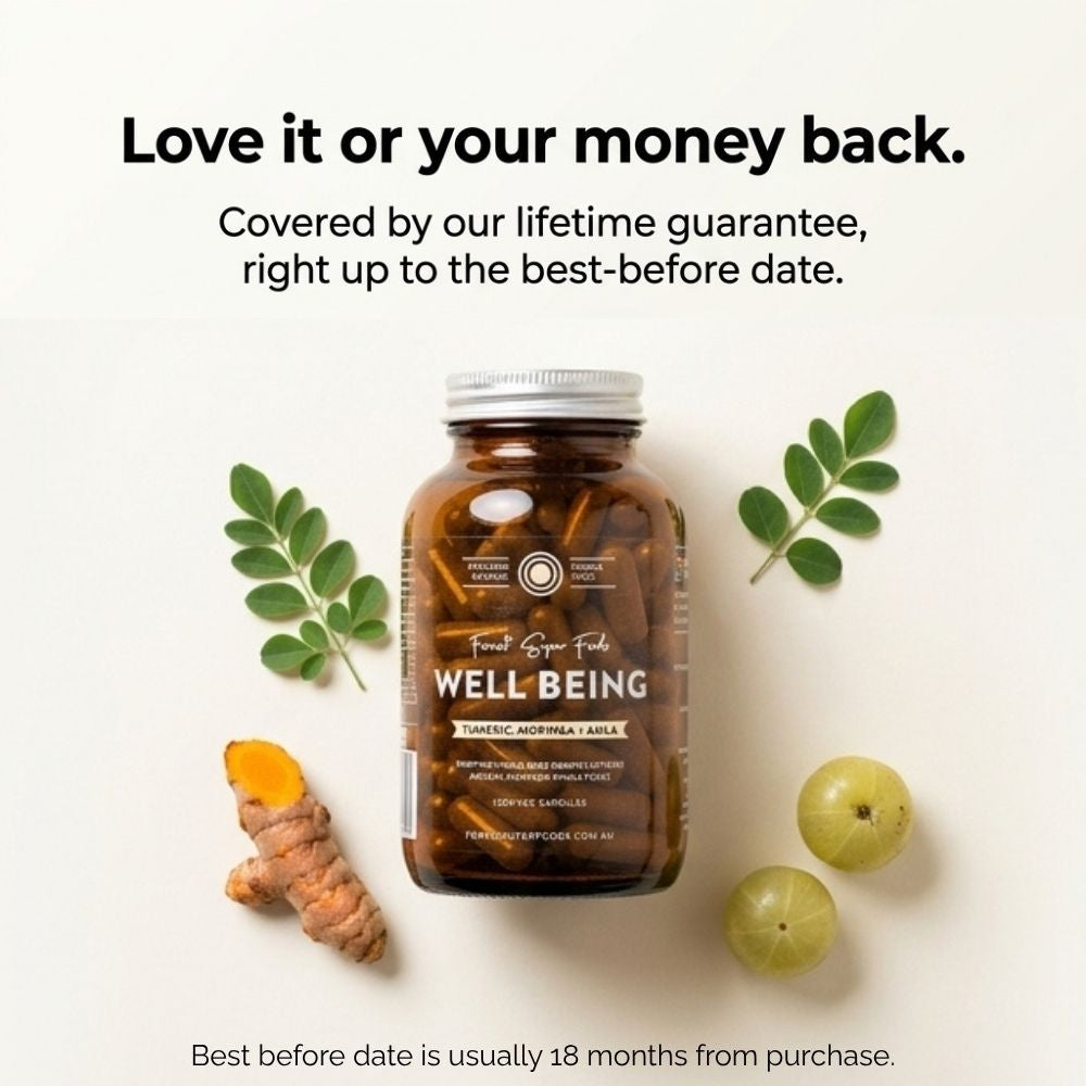 Turmeric+ Whole Food Blend bottle with moringa leaves, turmeric root, and amla fruit