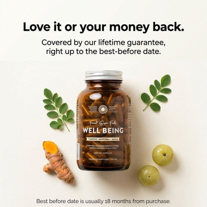 Turmeric+ Whole Food Blend bottle with moringa leaves, turmeric root, and amla fruit