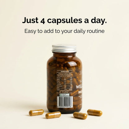 Turmeric+ Whole Food Blend supplement bottle with several capsules around it