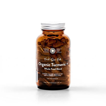 Turmeric+ Whole Food Blend supplement bottle, amber jar with white screw cap