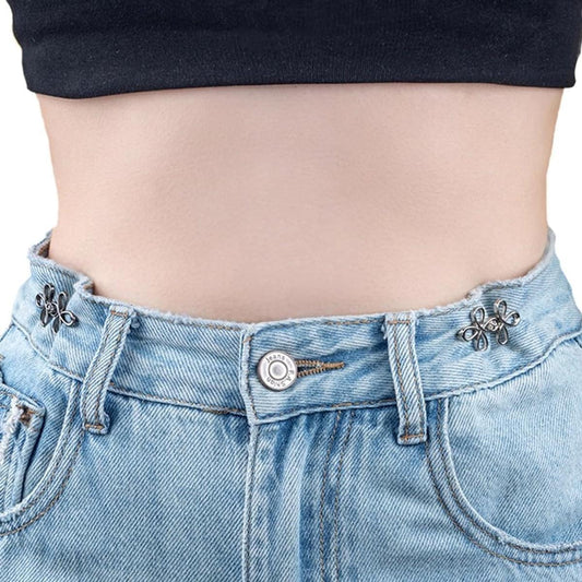 Blue denim jeans with silver flower waistband extender button