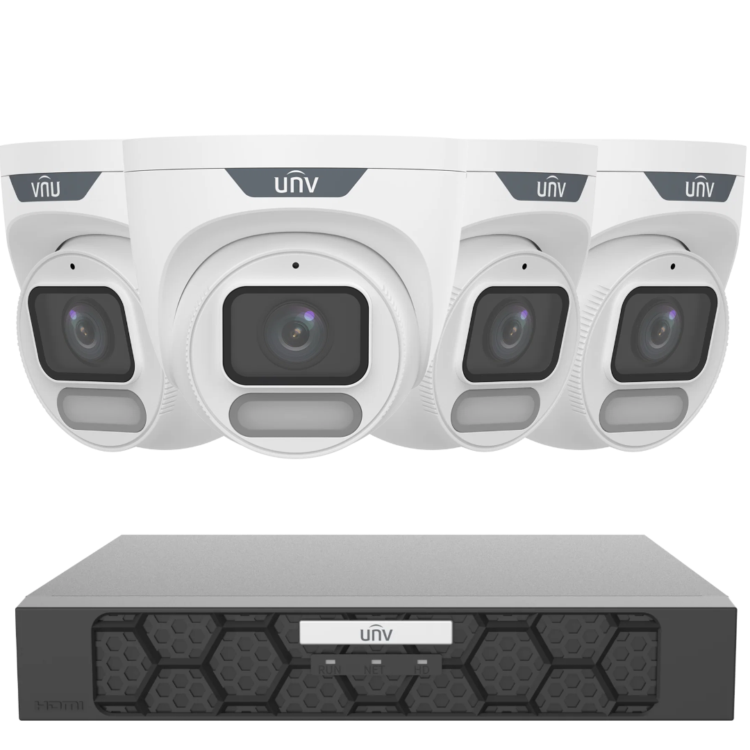 UNIVIEW OwlView 6MP 4-Camera CCTV Surveillance Kit – 4x ColorHunter Turret Cameras + 4CH PoE NVR | IPC3626LE-ADF28K-WP + NVR501-04B-P4