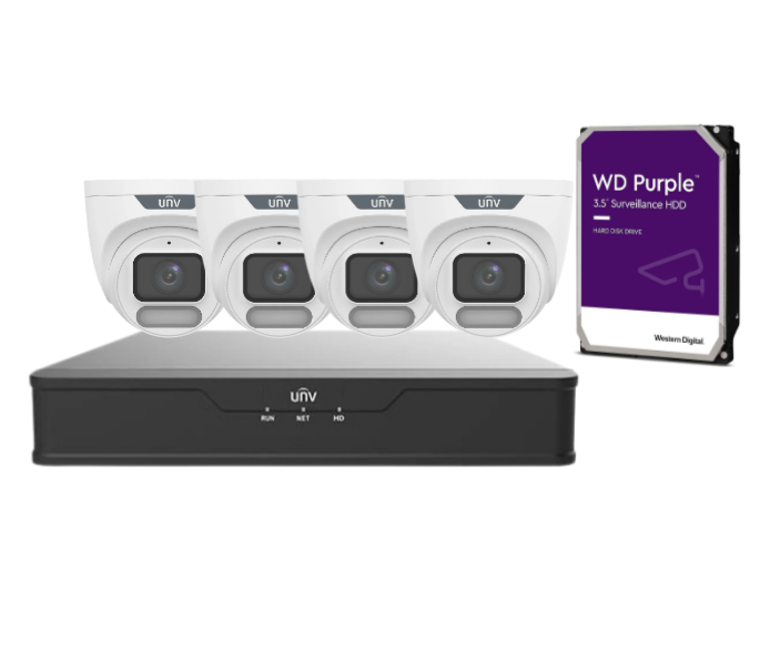 Uniview 4MP Oulview 4x CCTV Camera kit with 4 Channel NVR, IPC3624LE-ADF28K-WP, NVR301-04X-P4
