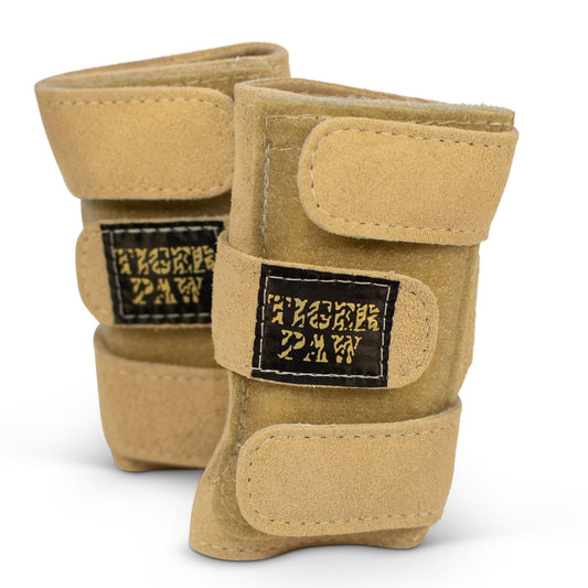 Sand suede wrist supports with hook-and-loop straps and tiger paw patch