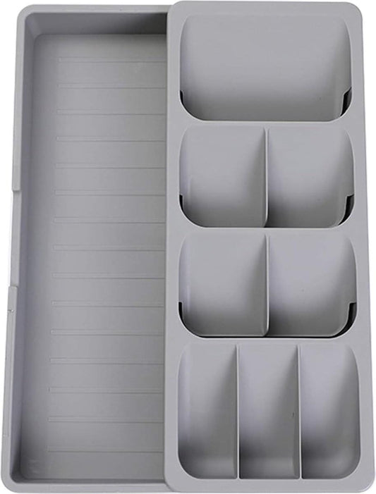 Gray pull-out cutlery organizer tray with four divider compartments
