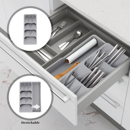 2 in 1 Storage Box - Cutlery Organizer - Cutlery Tray - Drawer Organizer - Multifunctional Cutlery Tray - Pull-out Cutlery Tray - Cutlery Tray Drawer Divider - Small Cutlery Tray for Kitchen - Storage Bins for Cutlery Storage - Gray - PP - 40.5*16.5*5.5cm