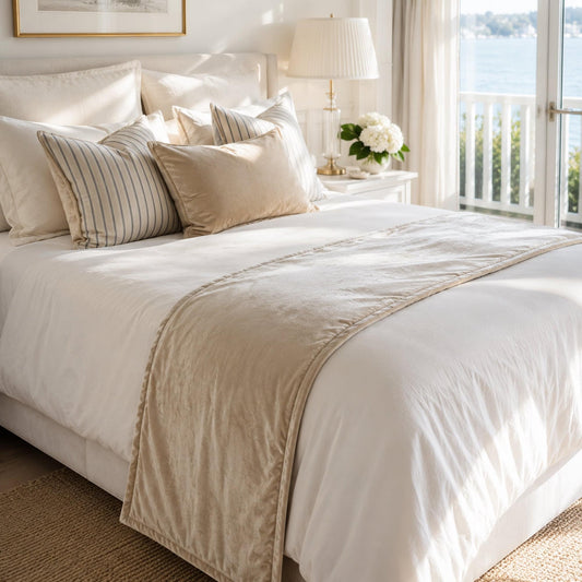 Champagne fur velvet bed runner with gold-trimmed edge