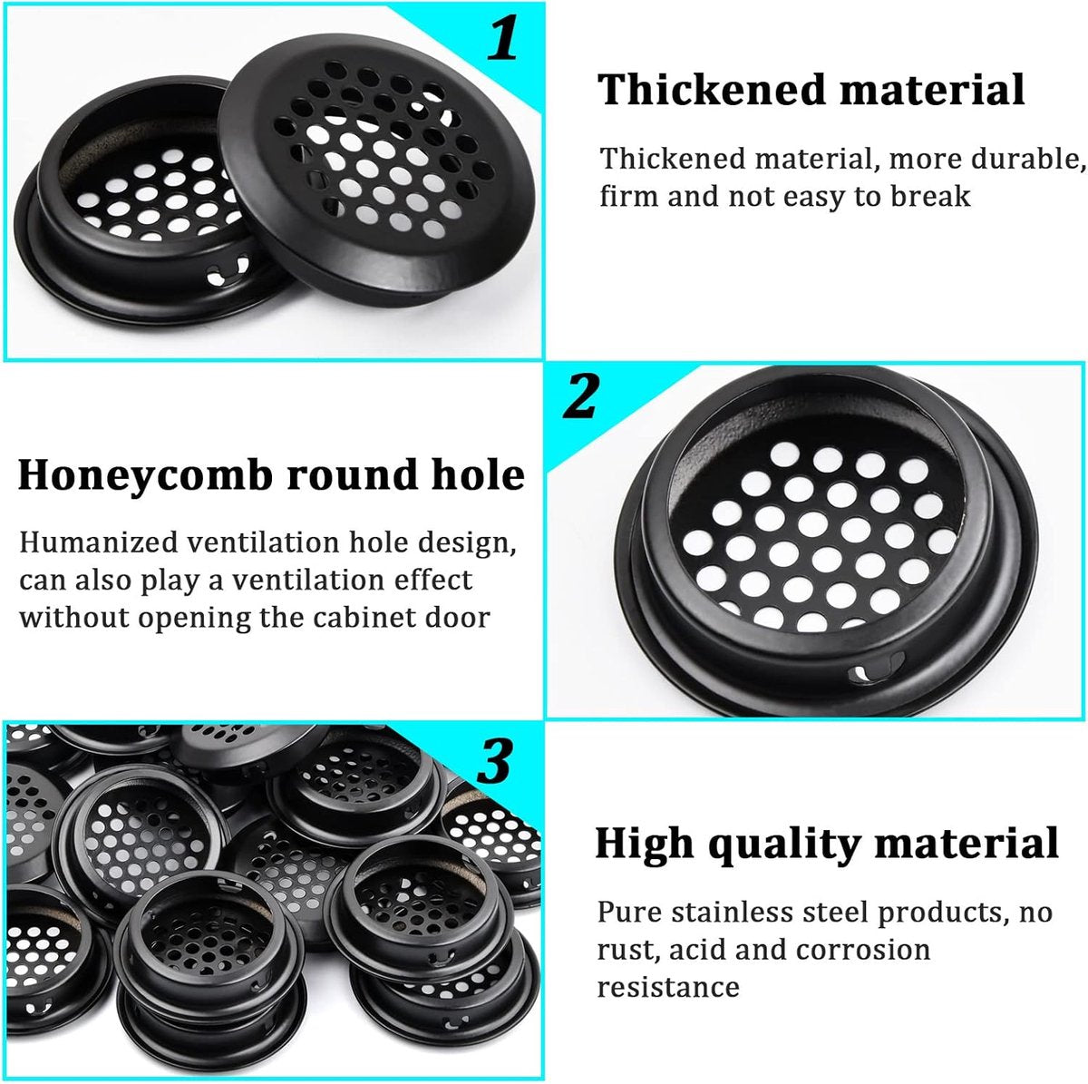 20 pieces - ventilation grilles - 35 mm - stainless steel ventilation openings - stainless steel ventilation grilles - round ventilation grilles - stainless steel ventilation grille hole - for kitchen cabinet and wardrobe furniture - black