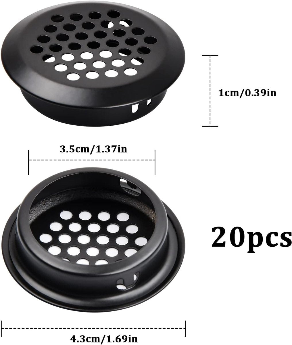 20 pieces - ventilation grilles - 35 mm - stainless steel ventilation openings - stainless steel ventilation grilles - round ventilation grilles - stainless steel ventilation grille hole - for kitchen cabinet and wardrobe furniture - black
