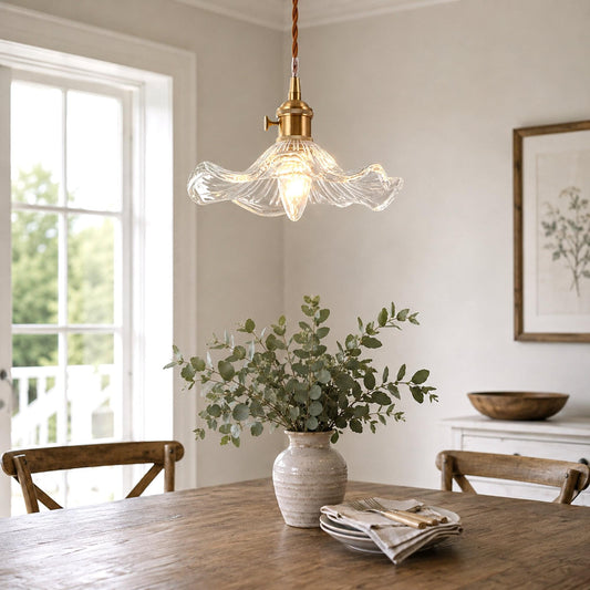 Glass scallop-edge pendant light with clear wavy ribbed shade and gold brass socket