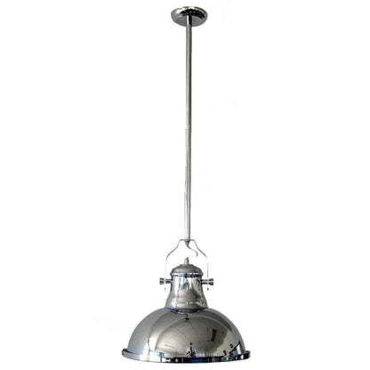Chrome metal pendant light with long cord and domed shade