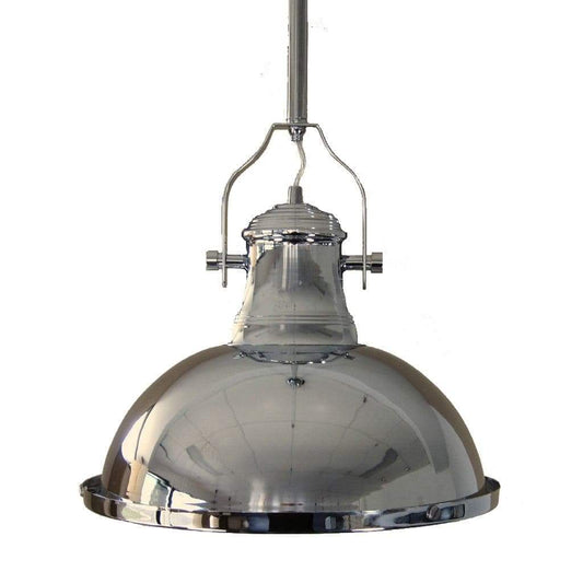 Chrome metal pendant light close-up with domed reflector shade and side knobs