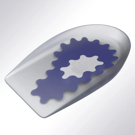 Heel cushion, gray with blue wavy insert and paw-shaped support pad