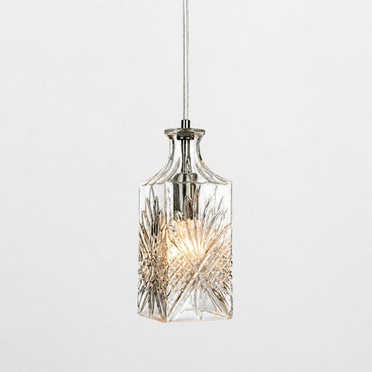 Whisky wine decanter glass pendant light with clear etched shade, chrome cap
