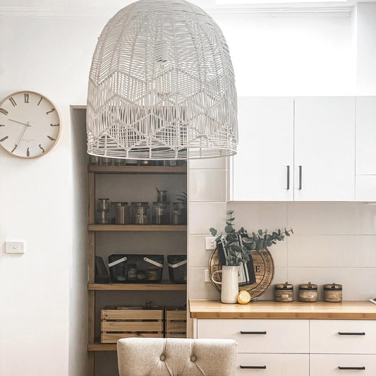 Whitewash rattan lace pendant light with dome lattice shade