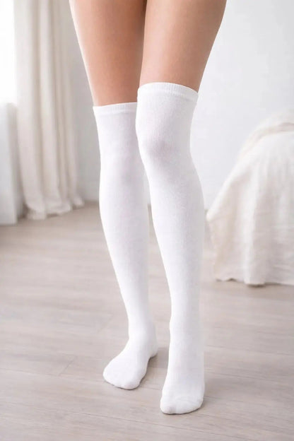 Cotton White Thigh High Socks Size 2-8 For Women