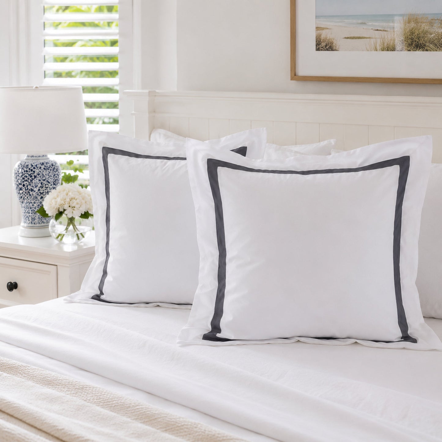 Ava Collection White European Pillowcase Set - Charcoal Trim
