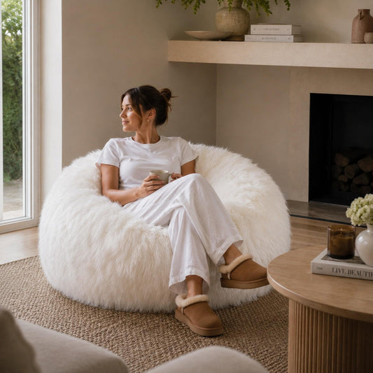 White faux fur bean bag, large round seat cushion