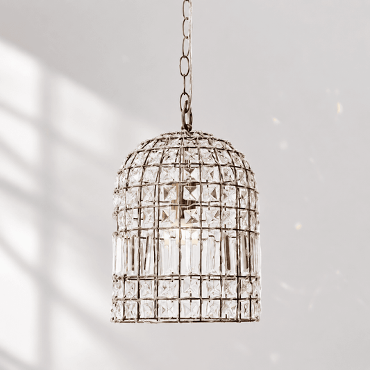 Brass dome crystal chandelier with faceted glass panels and hanging chain