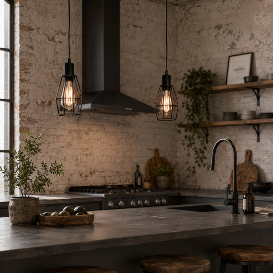 Black industrial cage pendant lights with glowing bulbs over kitchen counter