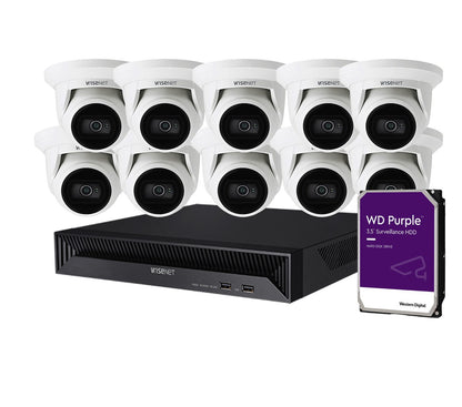 Wisenet 10x 5MP IP Camera Kit with CT-QNE-8011R IR Cameras & CT-ARN-1610S 16CH 8MP AI NVR – Complete PoE CCTV System with Optional HDD