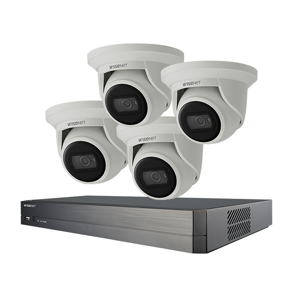 Hanwha Wisenet Q Surveillance Kit 4x Wisenet QNE-8011R / 5MP or 8MP AI FlatEye Camera, 4 Channel NVR with PoE + HDD